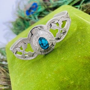 Vintage Navajo Thunderbird Fred Harvey Era Sterling Turquoise Cuff Bracelet